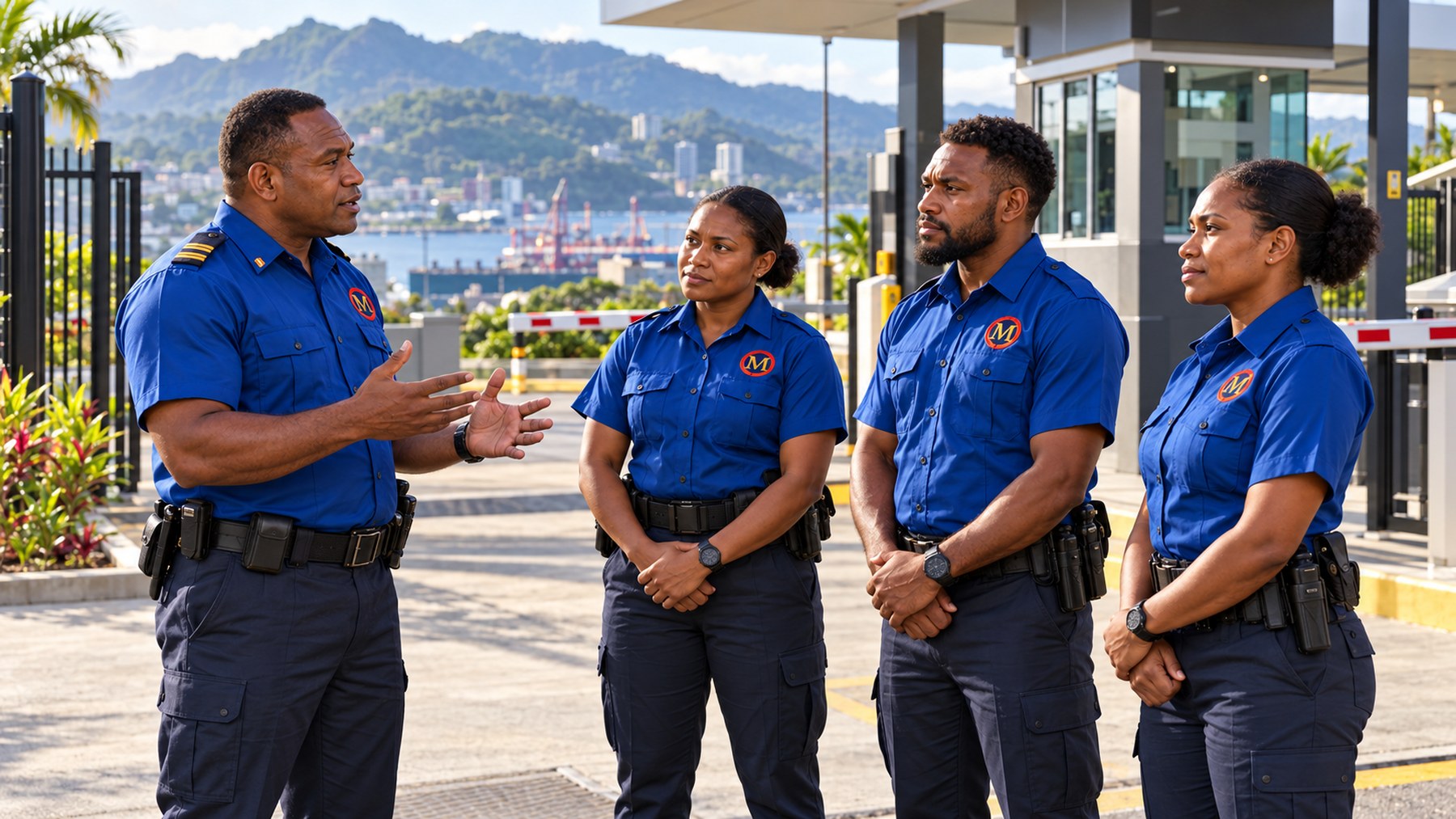 Manaka security officers in uniform receiving an operational briefing from a supervisor