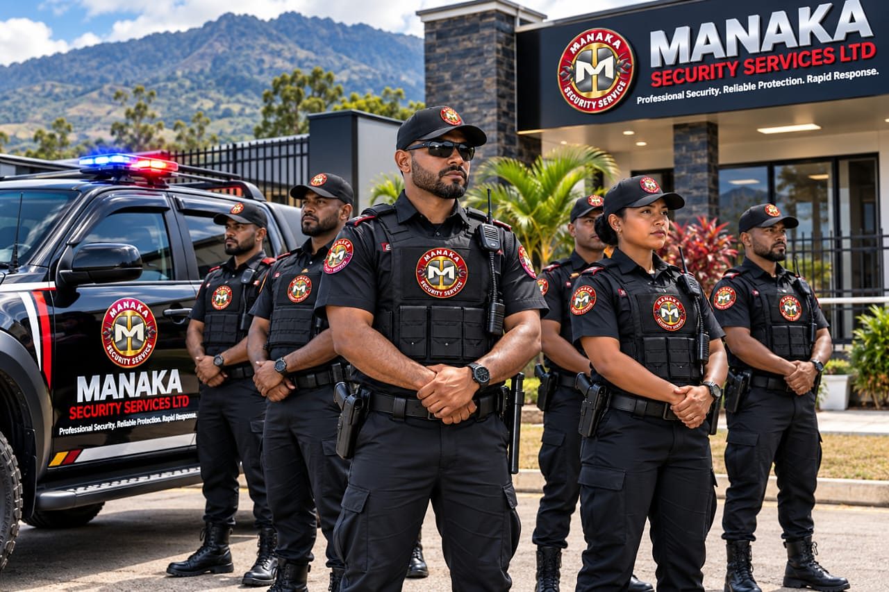 A Manaka security team standing in formation beside a branded Manaka vehicle outside the Manaka office